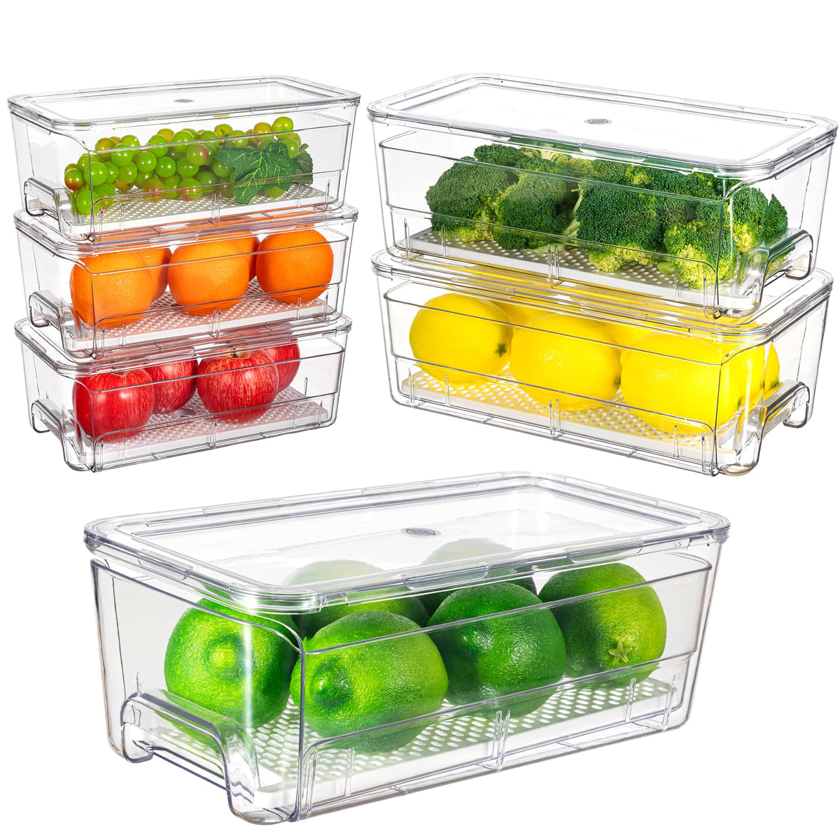 Imncya 6-pack stackable fridge drawers showing clear bins with lids for organized produce.