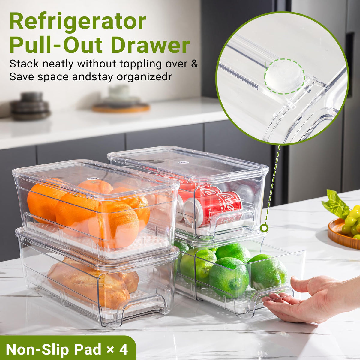 Imncya stackable fridge bins maximizing vertical space in a tidy fridge.