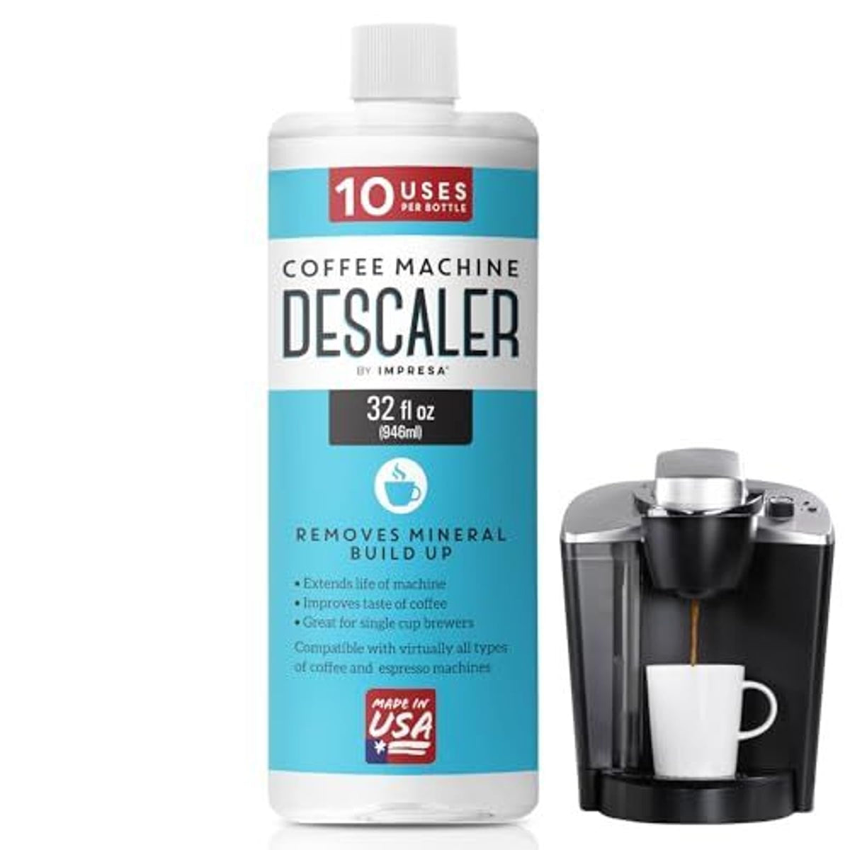 IMPRESA 32oz coffee descaler bottle ready for safe descaling and limescale removal