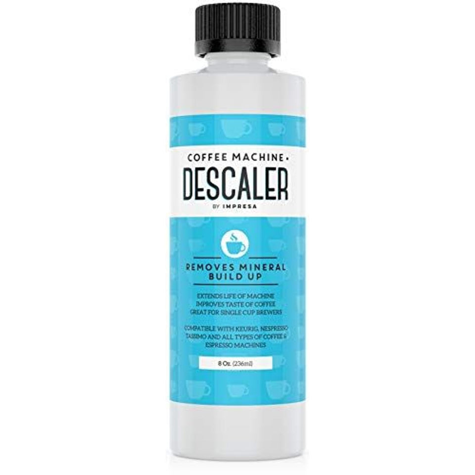 IMPRESA coffee descaler bottle pour shows easy dilution for effective descaling.