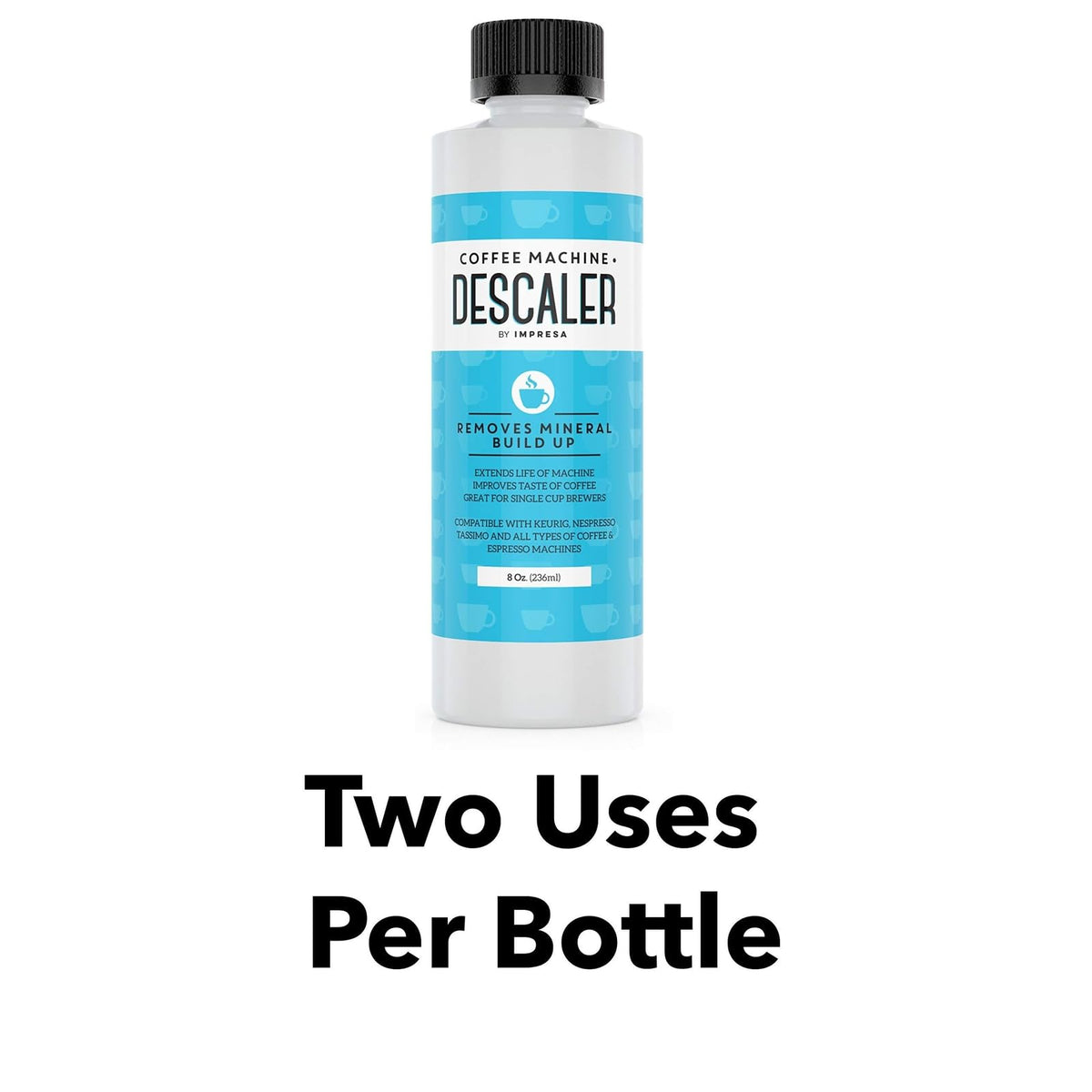 IMPRESA descaler bottle closeup label shows universal compatibility for many machines.