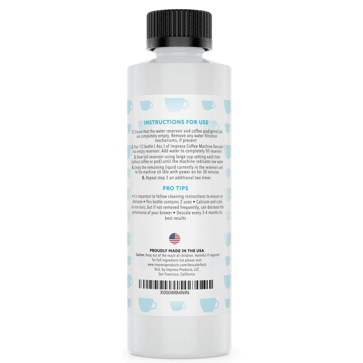 IMPRESA descaler bottle packaging highlights ready-to-use solution for routine maintenance.
