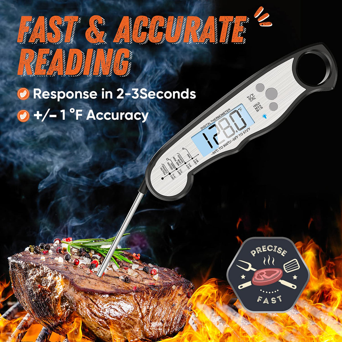 ImSaferell Digital Meat Thermometer, backlit display for easy night-time grilling.