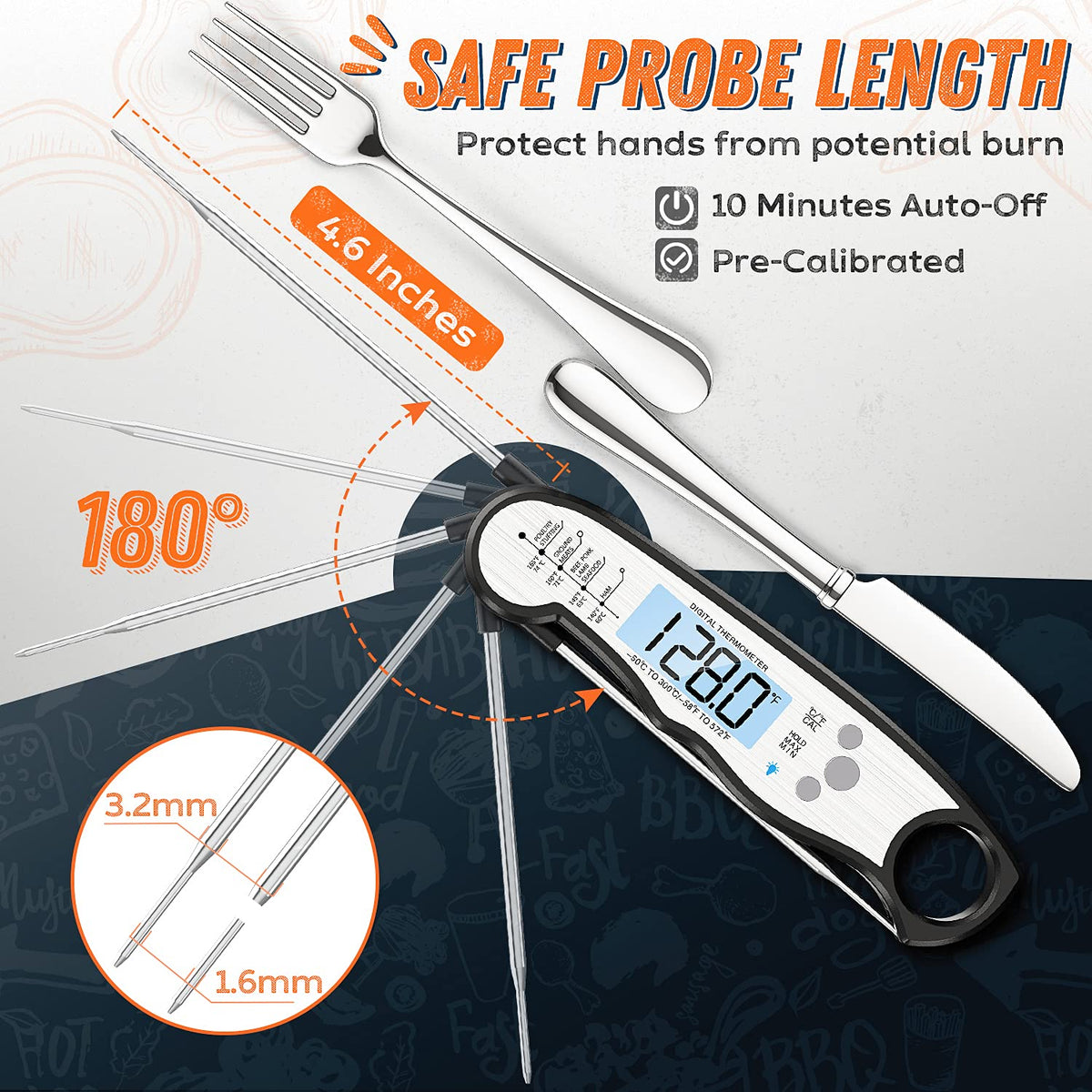 ImSaferell Stainless steel probe ensures safe contact with beef, turkey, fish, and more.