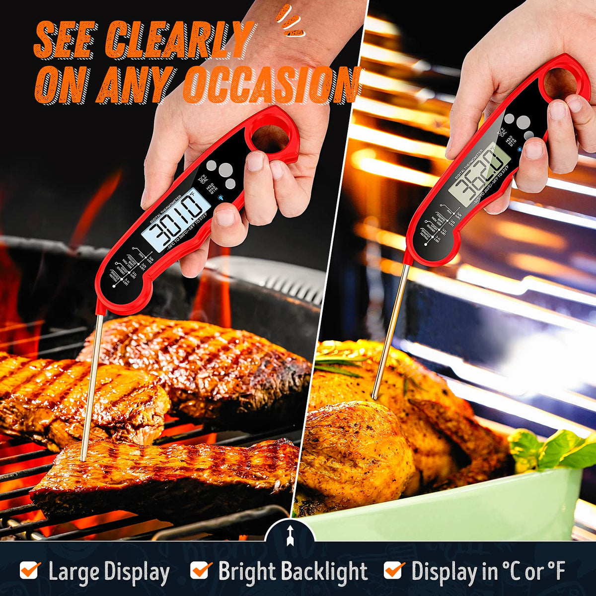 ImSaferell thermometer with magnet storage for quick fridge or grill access.