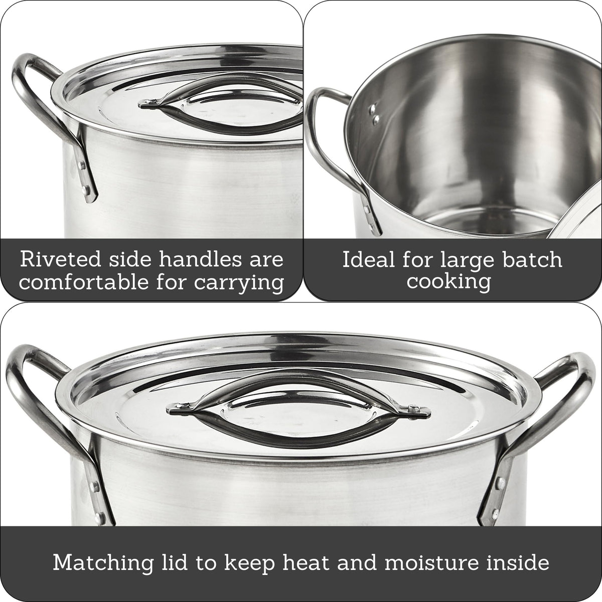 Imusa stock pot riveted handles provide a secure grip for transferring large batches