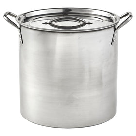IMUSA 16Qt stock pot with lid on stove for even heat and moisture retention.