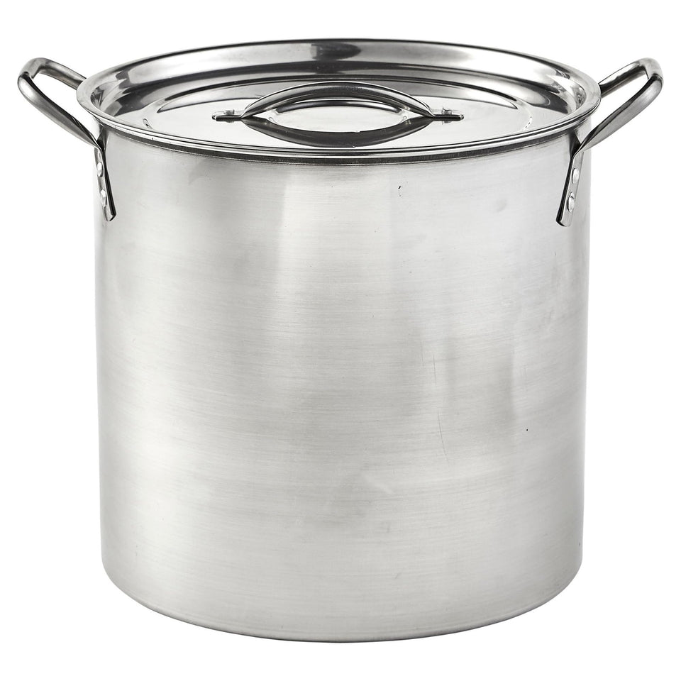 IMUSA 16Qt stock pot with lid on stove for even heat and moisture retention.