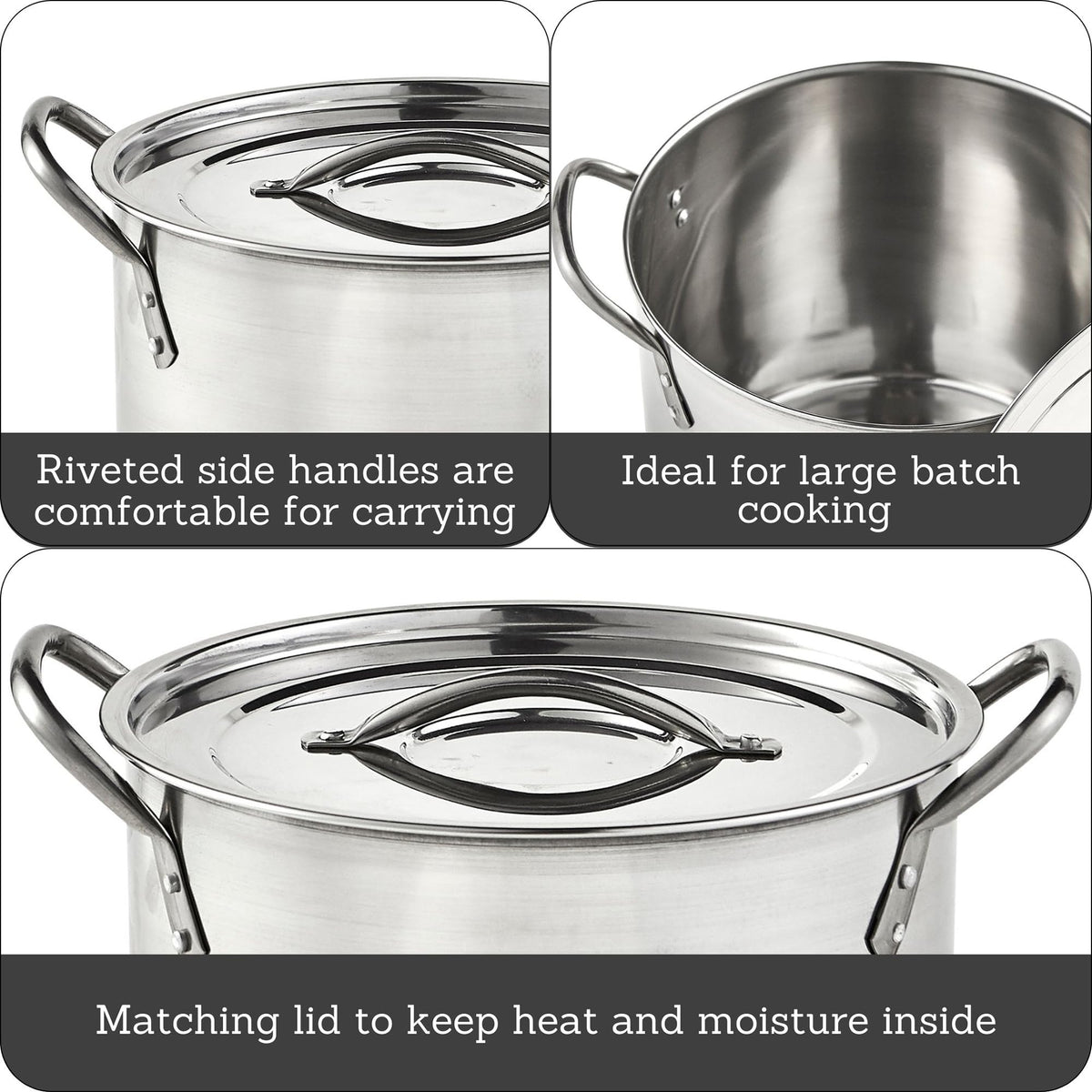 IMUSA stock pot with riveted side handles for secure transport when full.