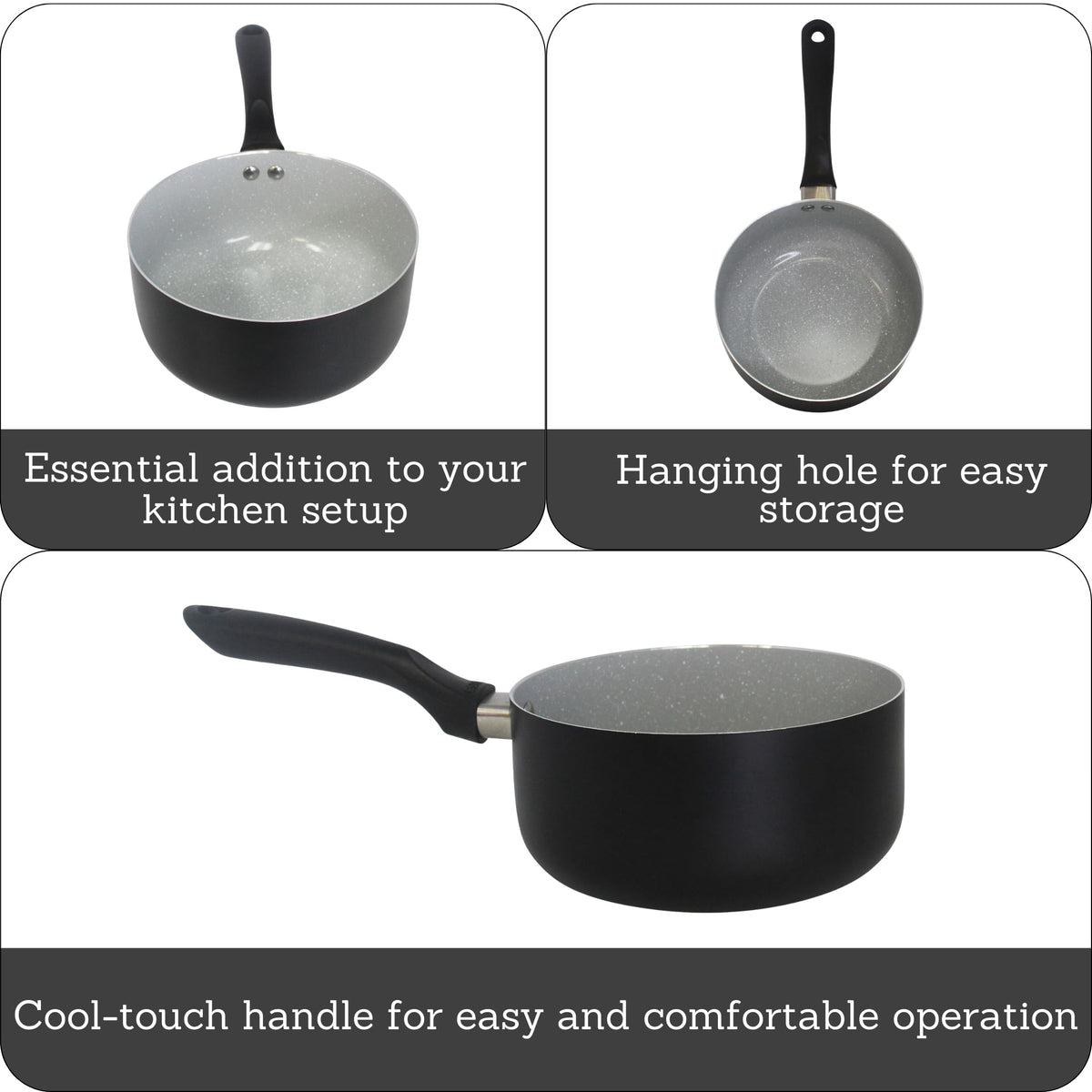 Imusa 2.0 qt saucepan with cool-touch handle for safe, comfortable cooking.