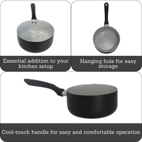 Imusa 2.0 qt saucepan with cool-touch handle for safe, comfortable cooking.