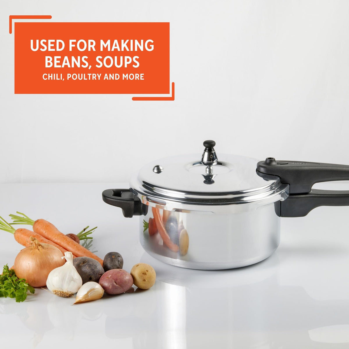 Helper handle adds stability when lifting and moving the cooker.