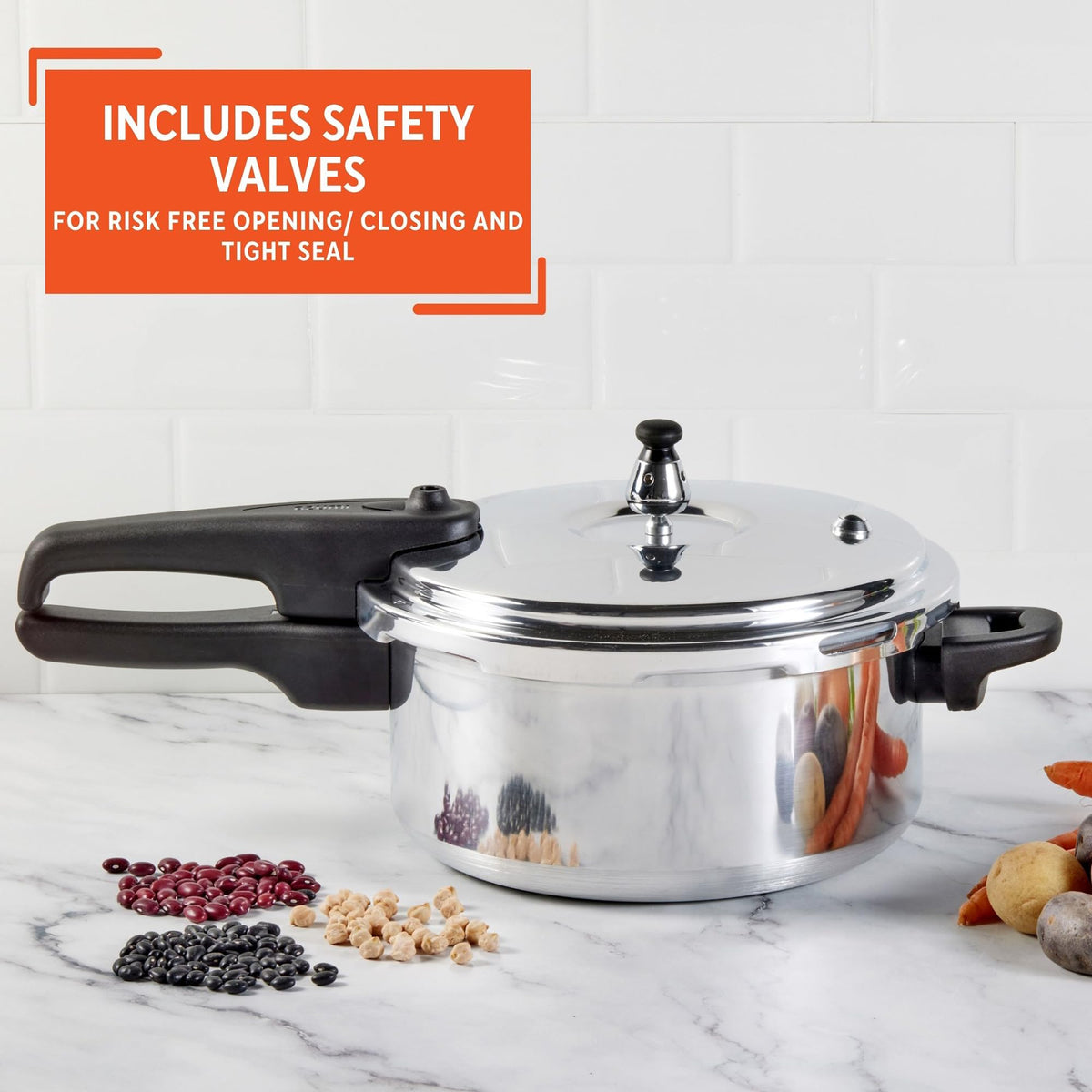 Automatic pressure regulator helps maintain proper cooking pressure automatically.