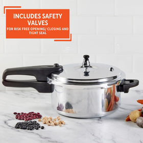 Automatic pressure regulator helps maintain proper cooking pressure automatically.