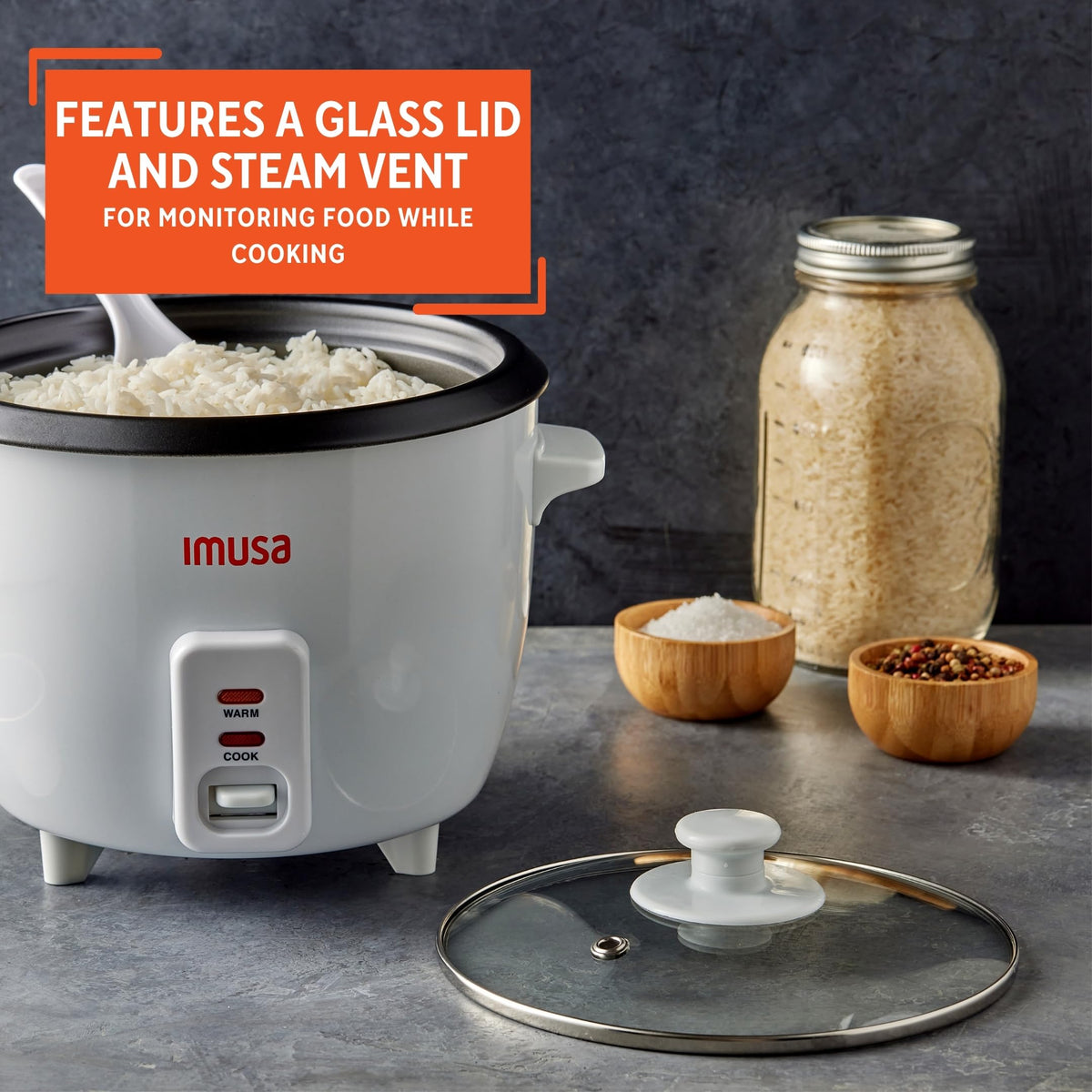 Imusa 5-cup uncooked capacity ideal for small households.