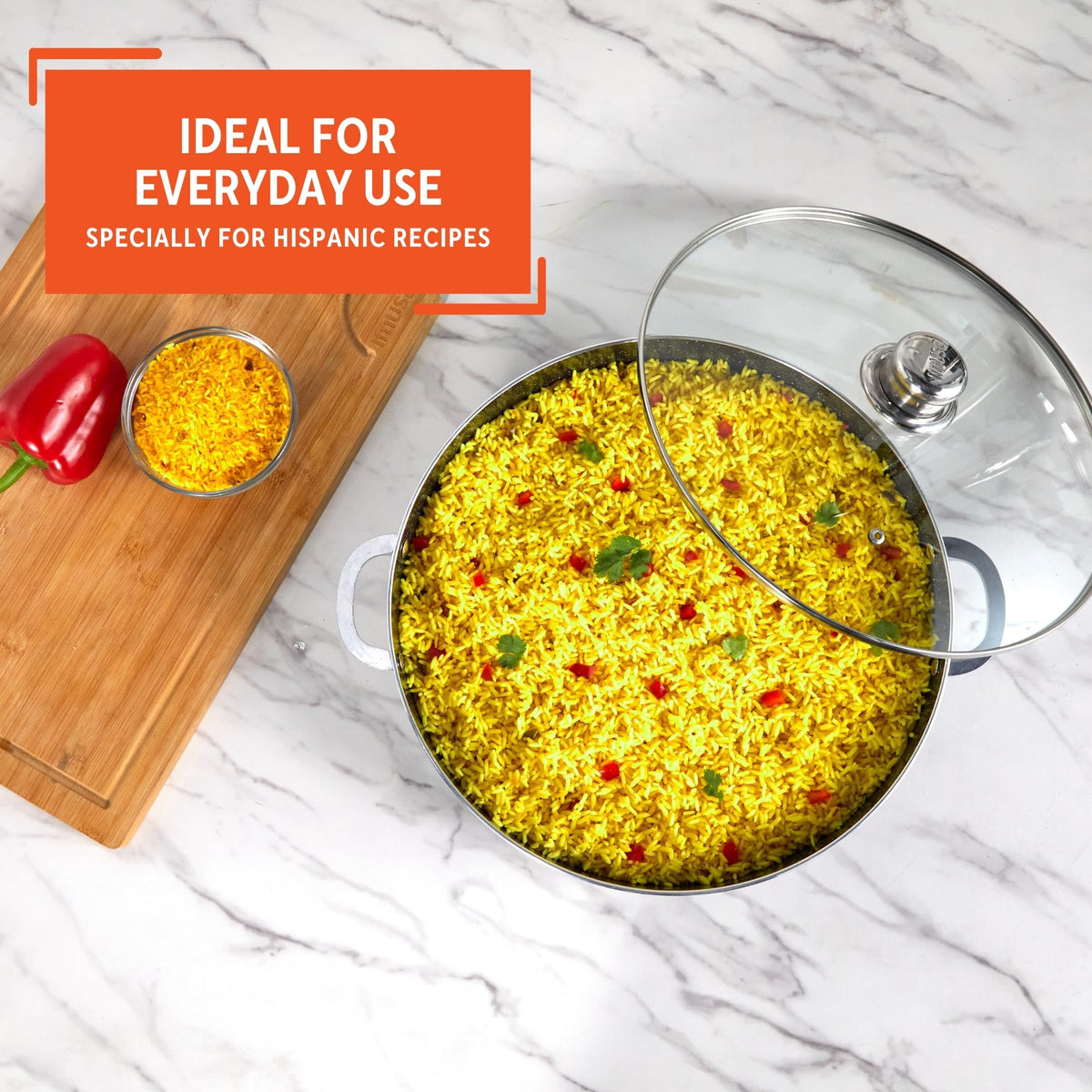 Ceramic speckled coating supports versatile cooking like rice and stews