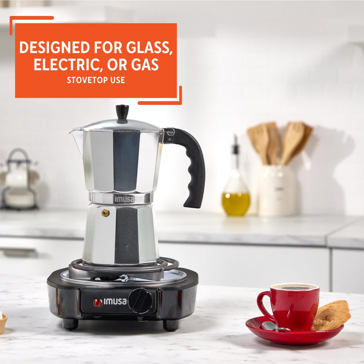 IMUSA on-stovetop scene demonstrates versatility on gas, ceramic, or coil