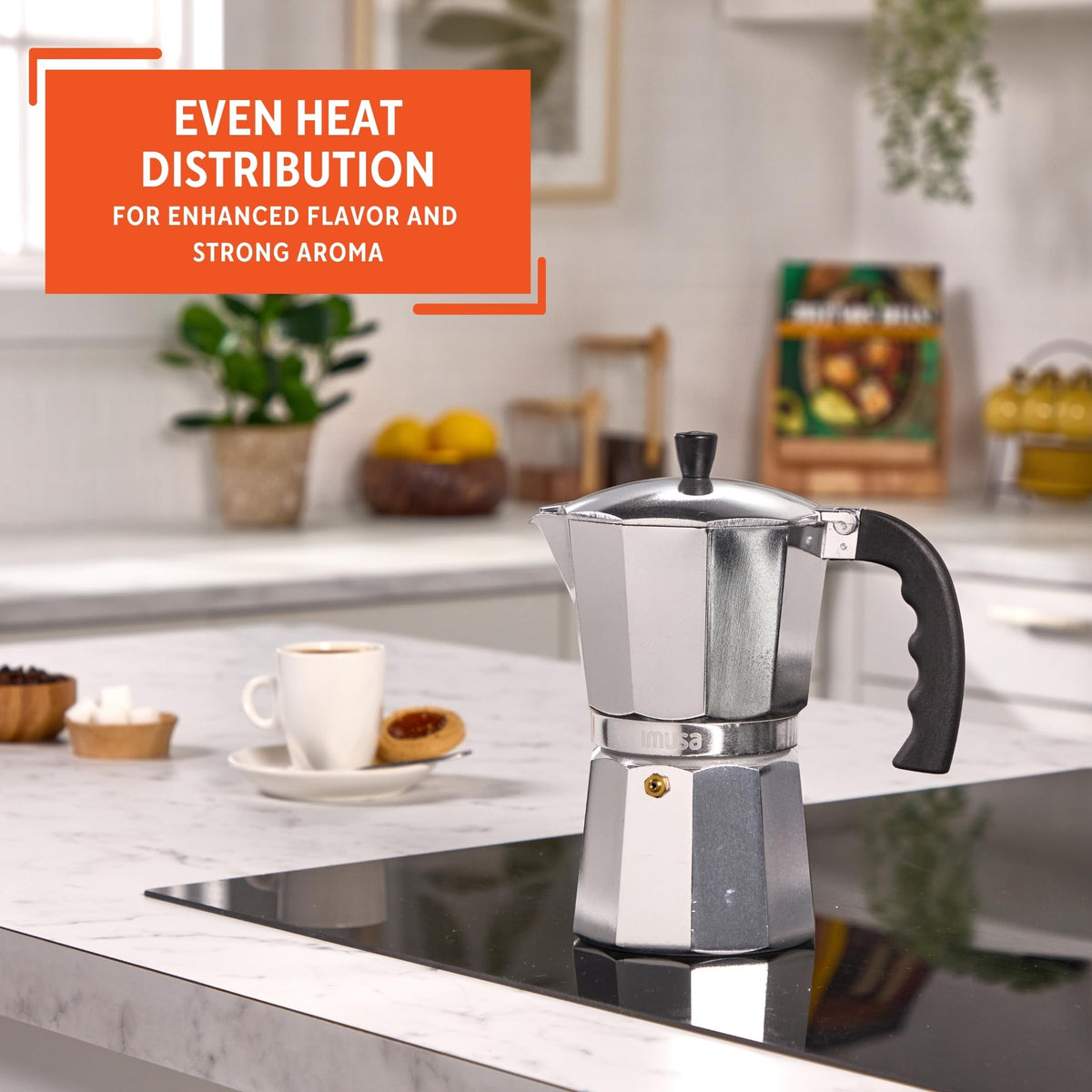 IMUSA cup-serve scene with rich espresso ready to pour