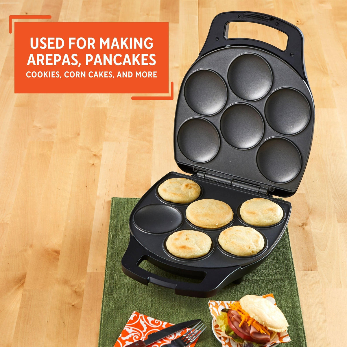 Imusa 6-slot capacity enables cooking multiple arepas at once