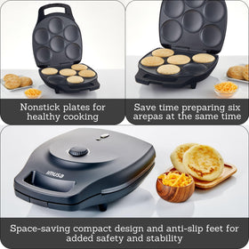Imusa arepa maker with cast aluminum plates for durable, even browning