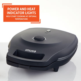 Imusa arepa maker with cool-touch locking latch for safe handling and storage