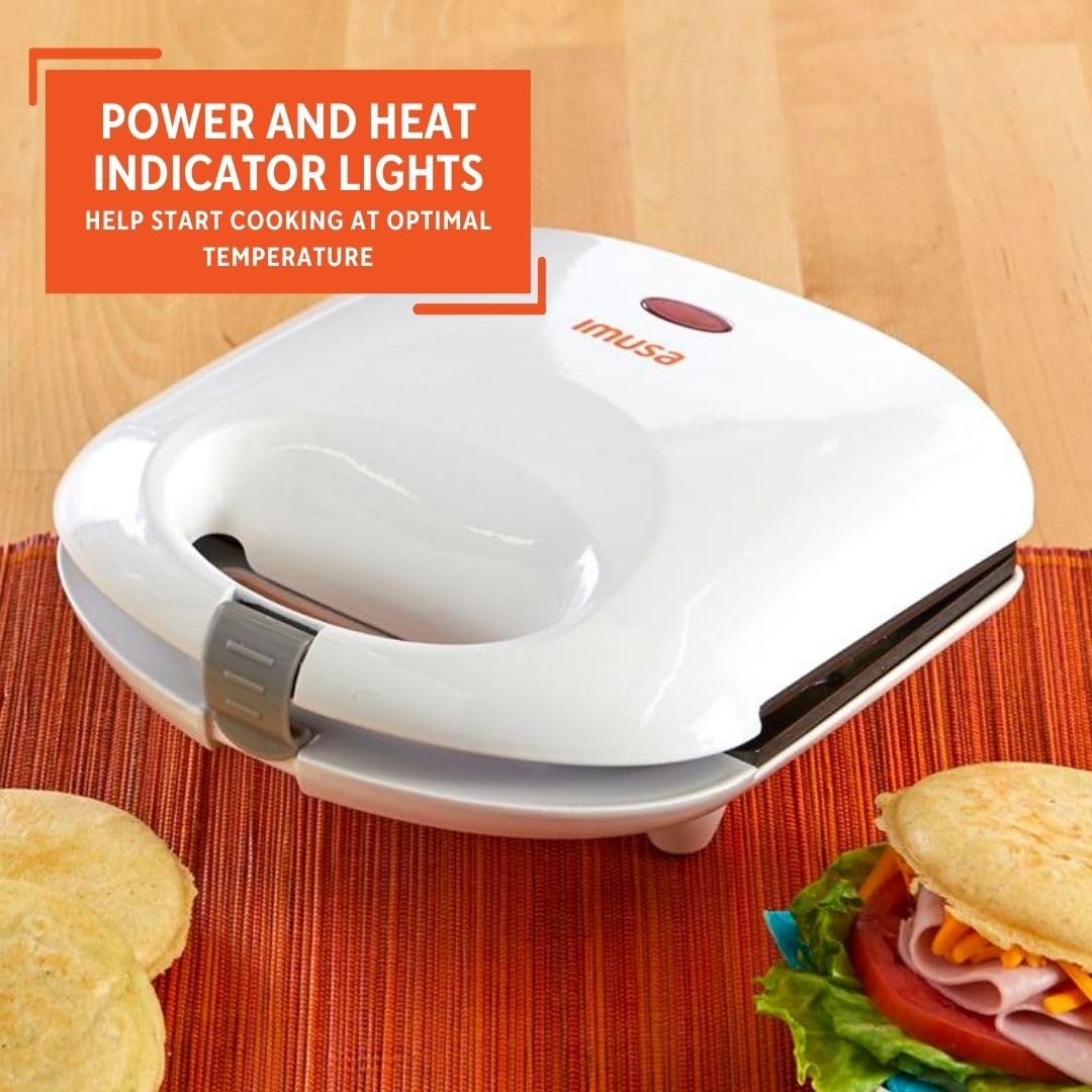 IMUSA Arepa Maker indicator lights guide cooking temperature precisely.