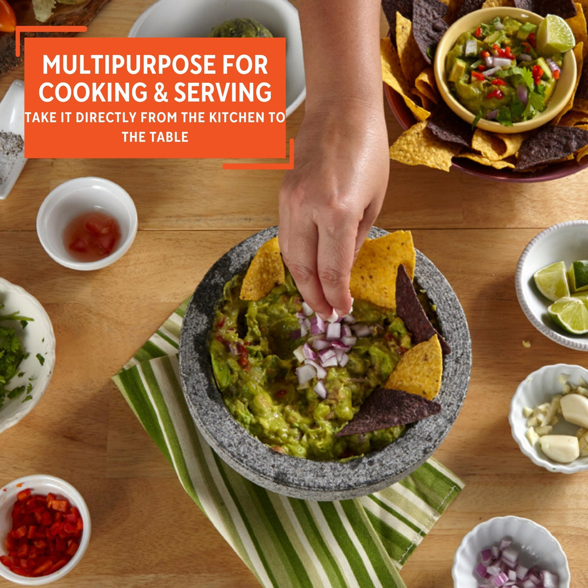 Aroma release from crushed vegetables and herbs with Imusa molcajete.