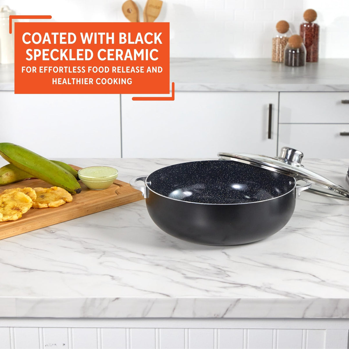IMUSA Bistro Ceramic Caldero glass lid promotes controlled steam for simmering