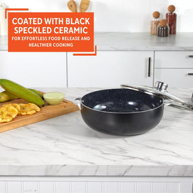 IMUSA Bistro Ceramic Caldero glass lid promotes controlled steam for simmering