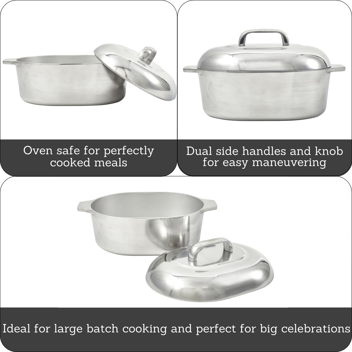 Imusa Cajun Oval Roaster lid retains moisture for flavorful cooking.