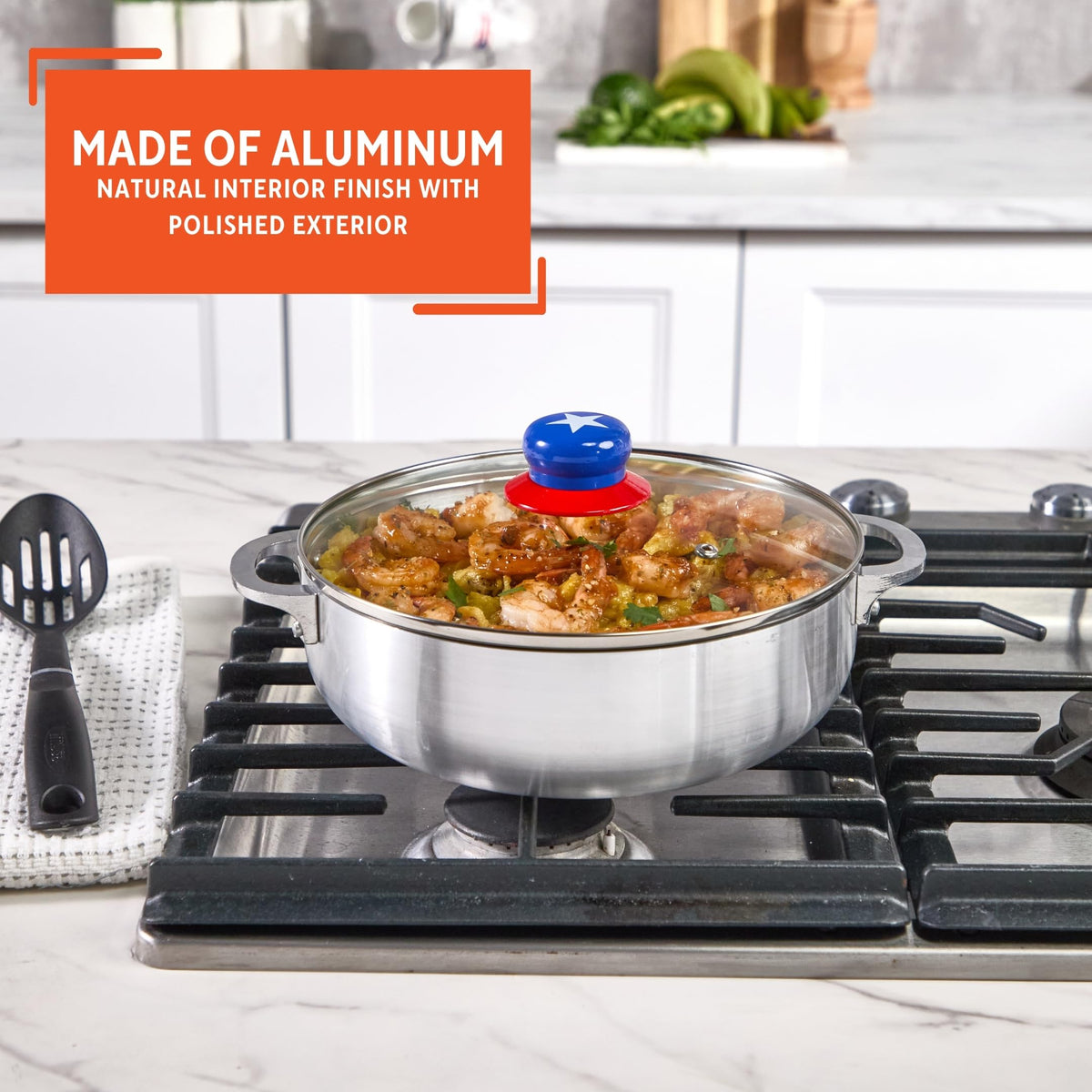 Imusa Caldero lid features steam vent for controlled moisture.