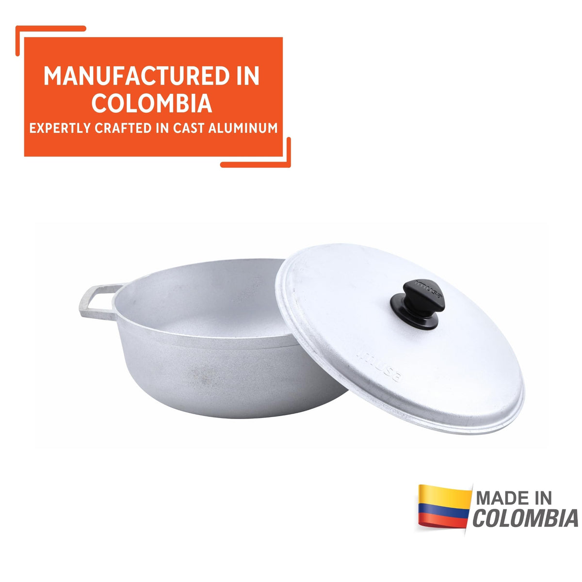 Imusa caldero with lid off, oven-safe without lid for finishing dishes.