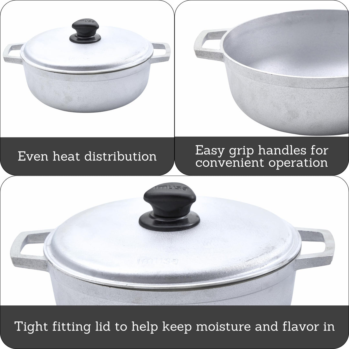 IMUSA cast aluminum caldero emphasizes durable construction and gradual seasoning.