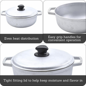IMUSA cast aluminum caldero emphasizes durable construction and gradual seasoning.