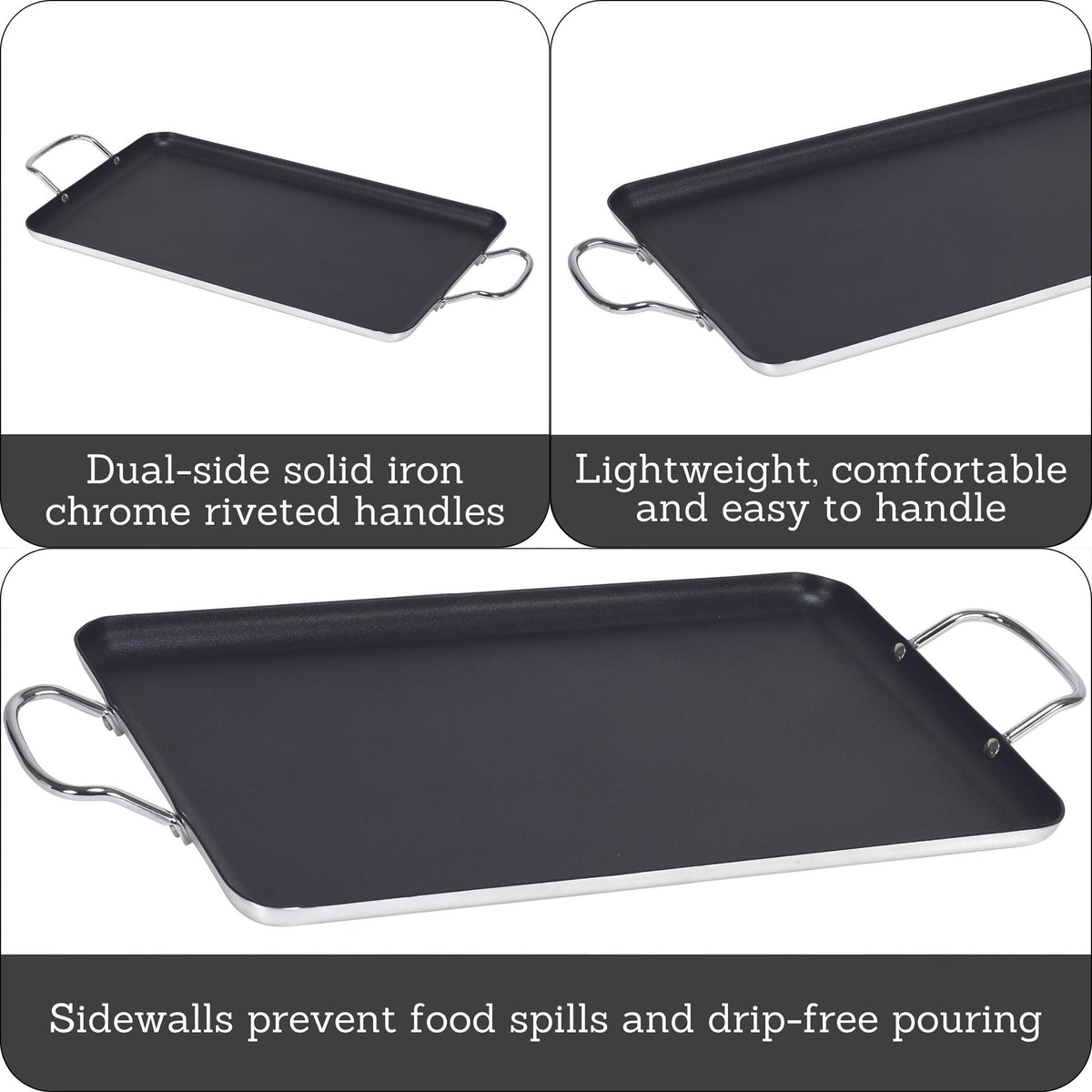 Imusa double burner griddle 20-inch nonstick surface designed for easy release