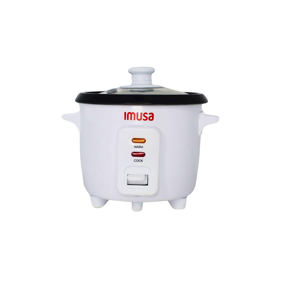 IMUSA rice cooker with white exterior for compact, stylish meal prep.