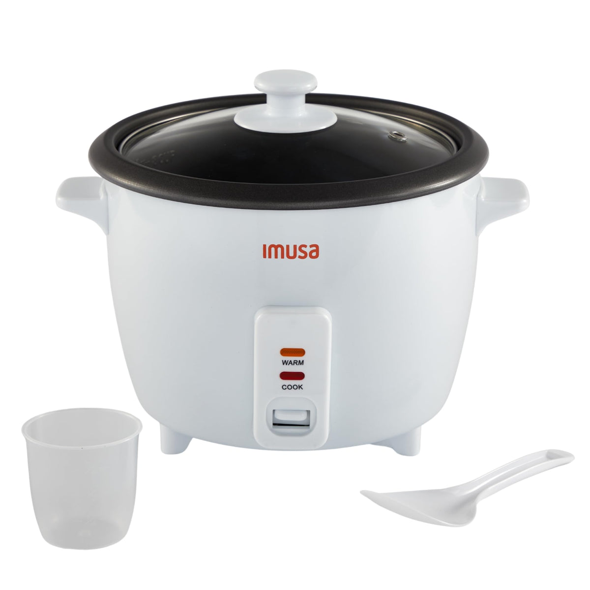 Imusa electric rice cooker on a kitchen counter, highlighting compact design for small spaces.