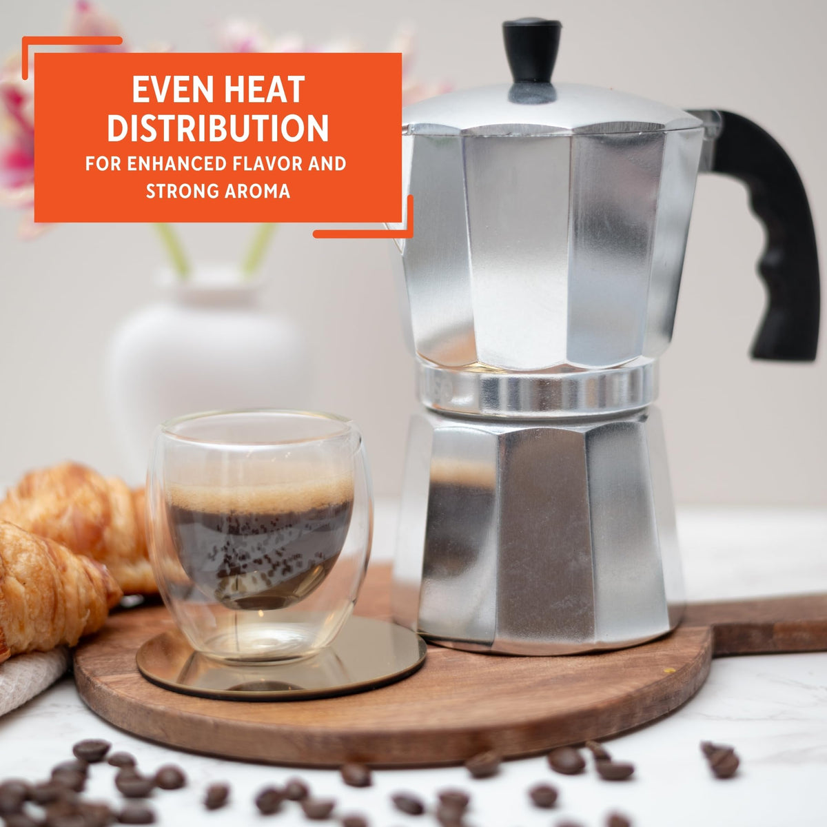 Imusa supports espresso, latte, cappuccino, and moka beverages
