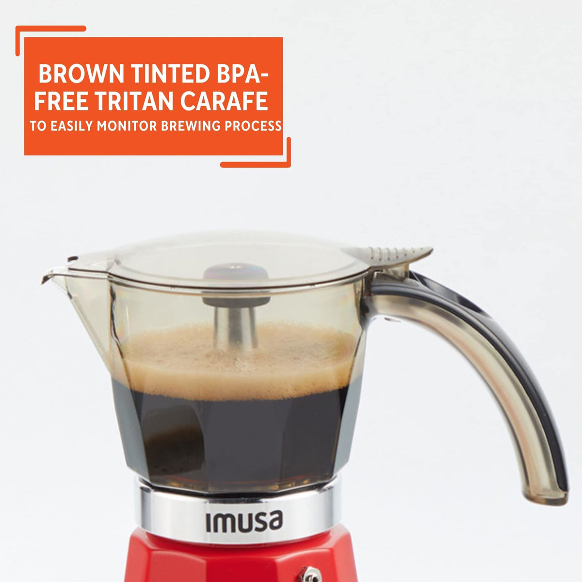 IMUSA espresso maker red base with on/off switch enables simple operation