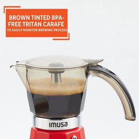 IMUSA espresso maker red base with on/off switch enables simple operation