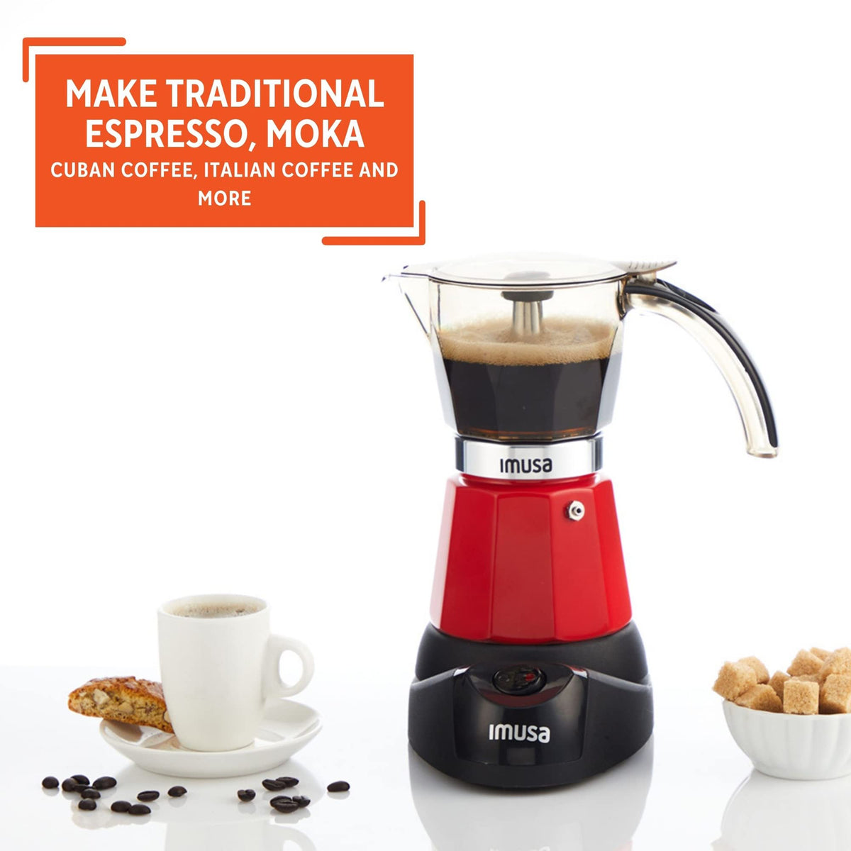 IMUSA espresso maker red brew indicator helps monitor progress