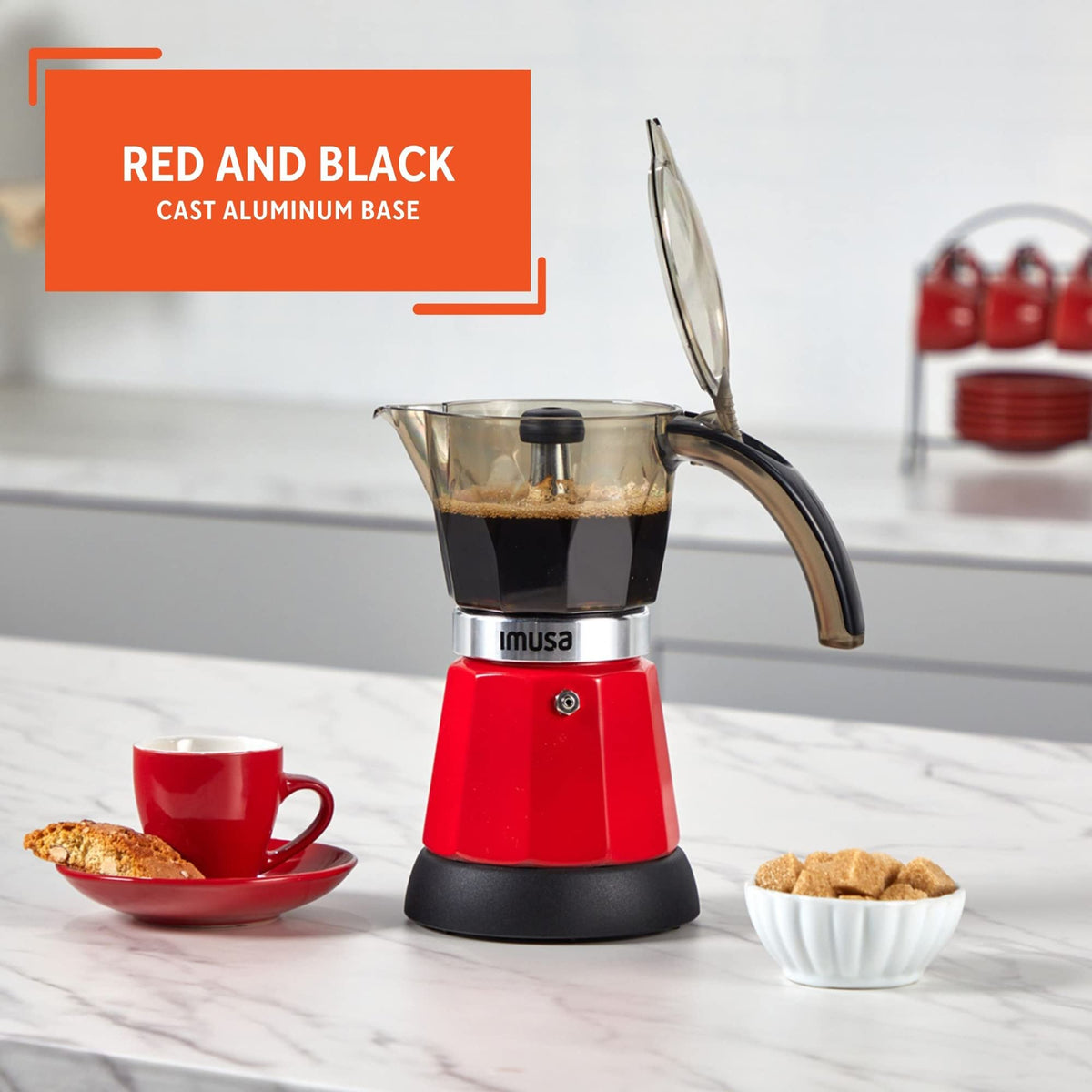 IMUSA espresso maker red carafe detail shows brown-tinted glass and stylish finish