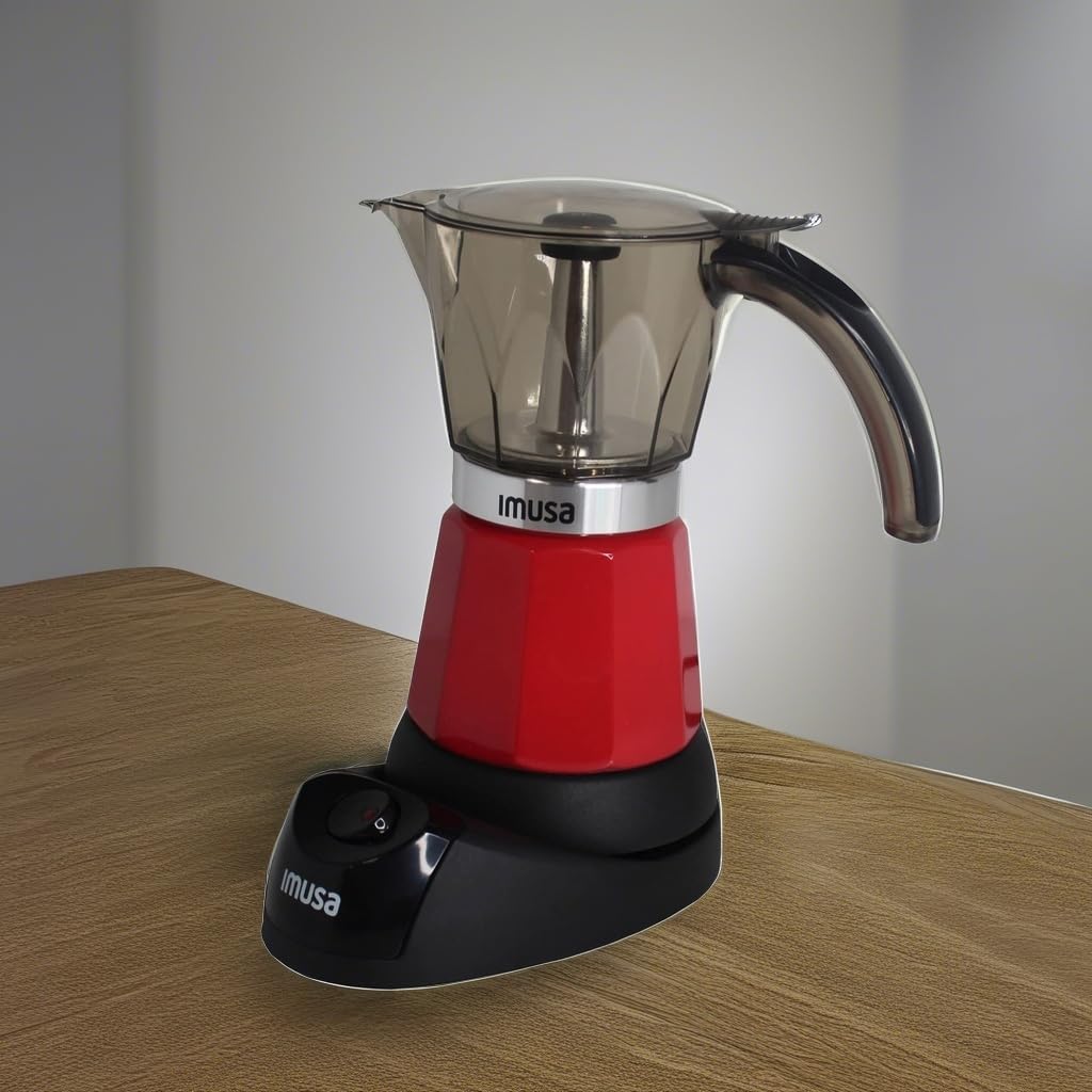 IMUSA espresso maker red cool-touch handle allows safe pouring