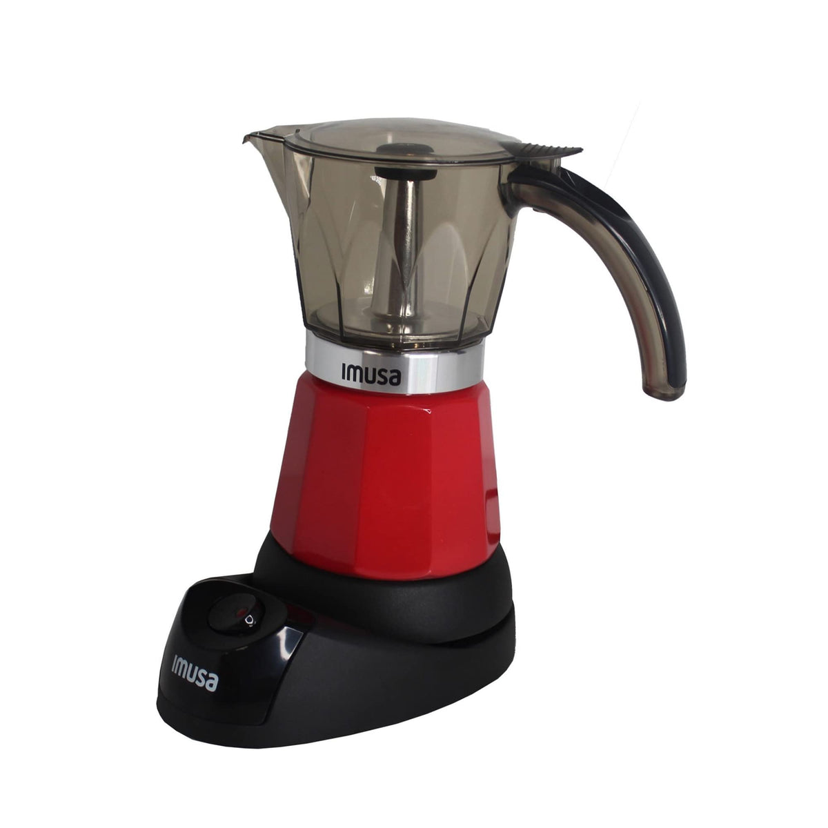IMUSA espresso maker red front view shows compact design for easy daily use