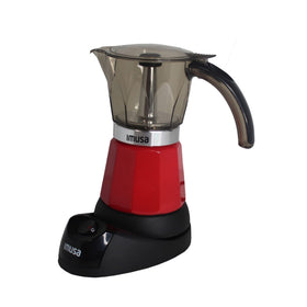 IMUSA espresso maker red front view shows compact design for easy daily use