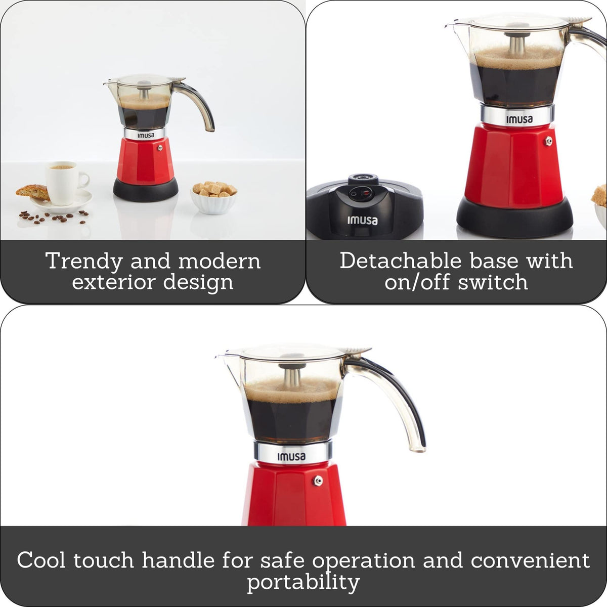 IMUSA espresso maker red side view highlights vibrant color and durable construction
