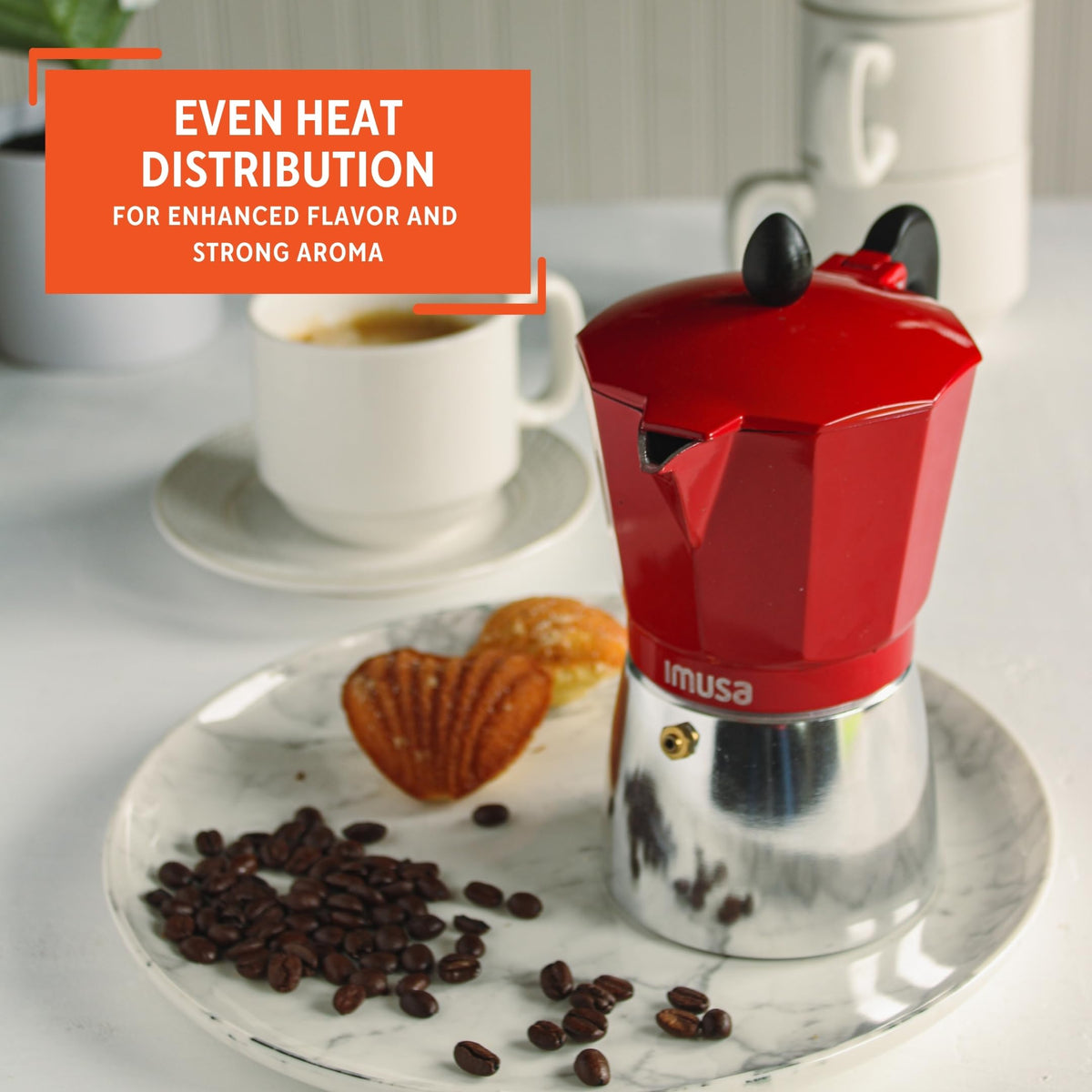 Imusa even-heat design in red coffeemaker promises even extraction and aroma.