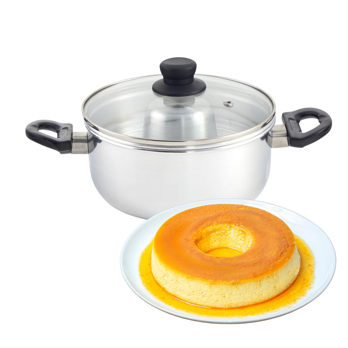 IMUSA flan double boiler with lid on, demonstrating even heat for desserts.