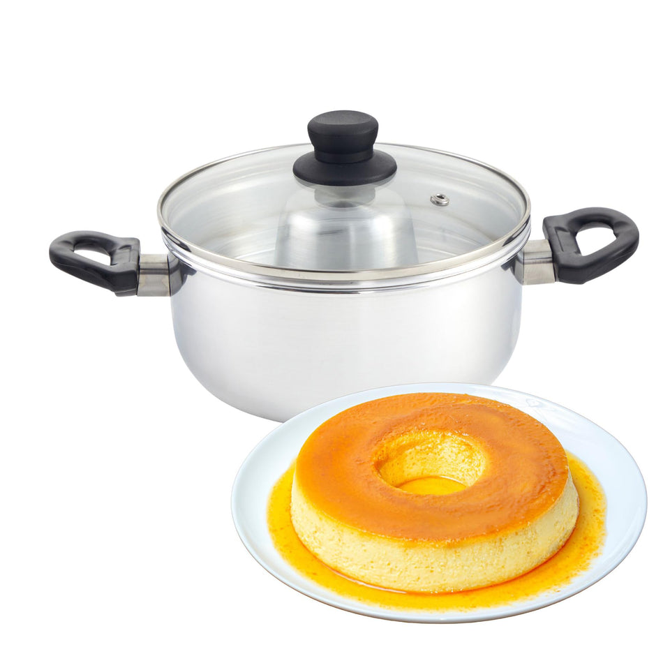 IMUSA flan double boiler with lid on, demonstrating even heat for desserts.