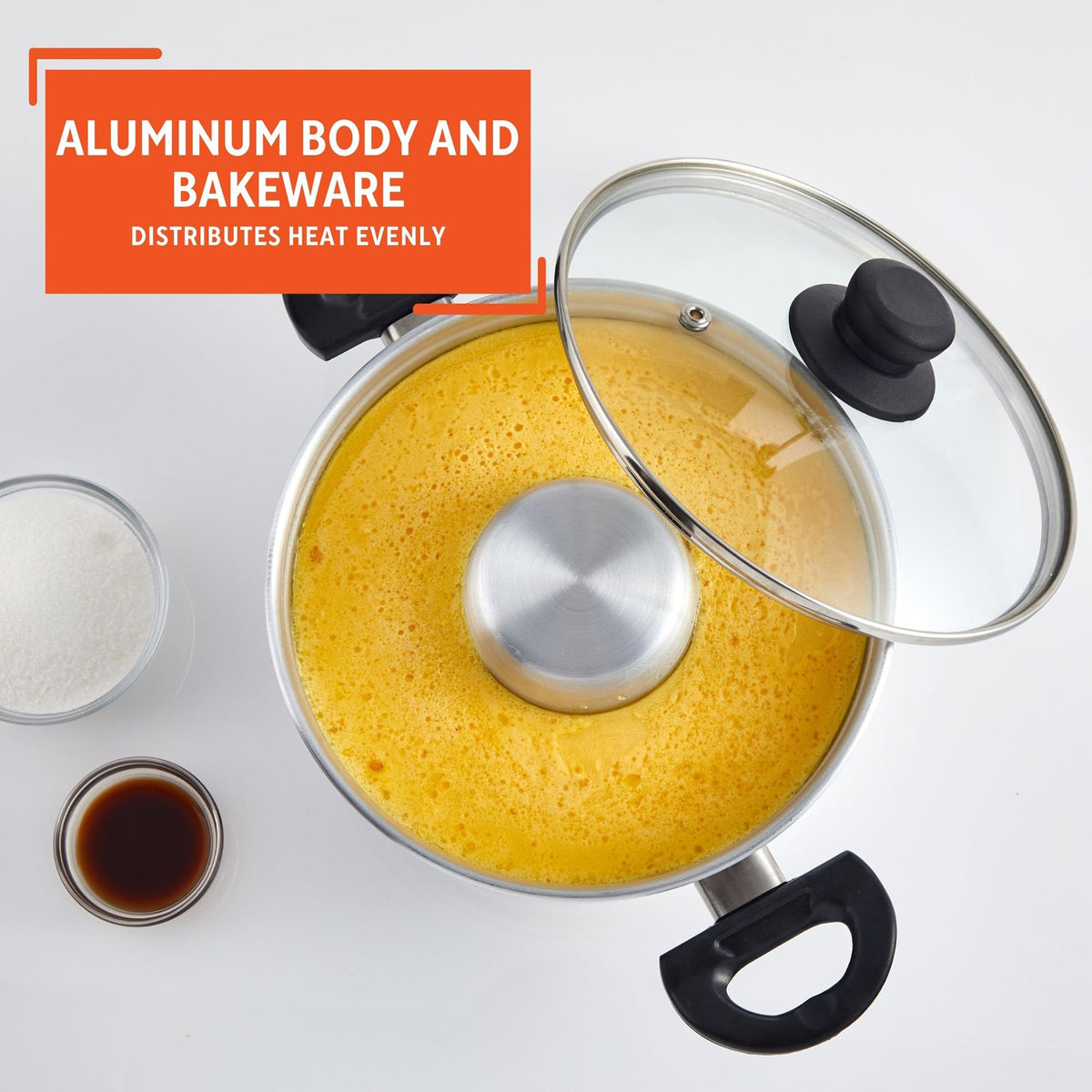 IMUSA flan double boiler aluminum construction for consistent heat distribution.